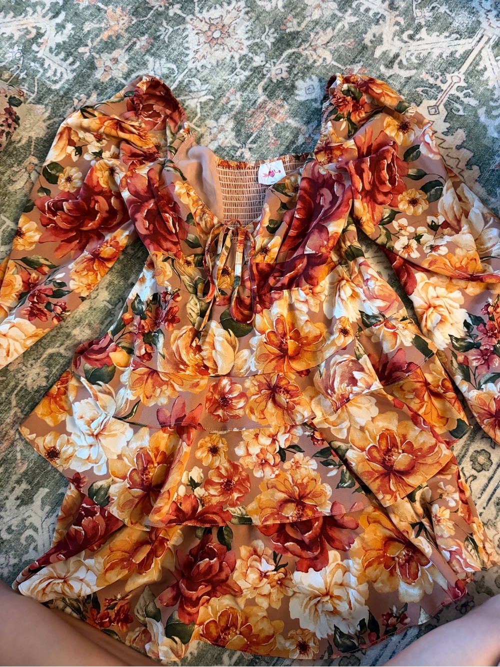 Buddy Love Yellow Rust Floral Tiered Ruffle Long-Sleeve Tunic